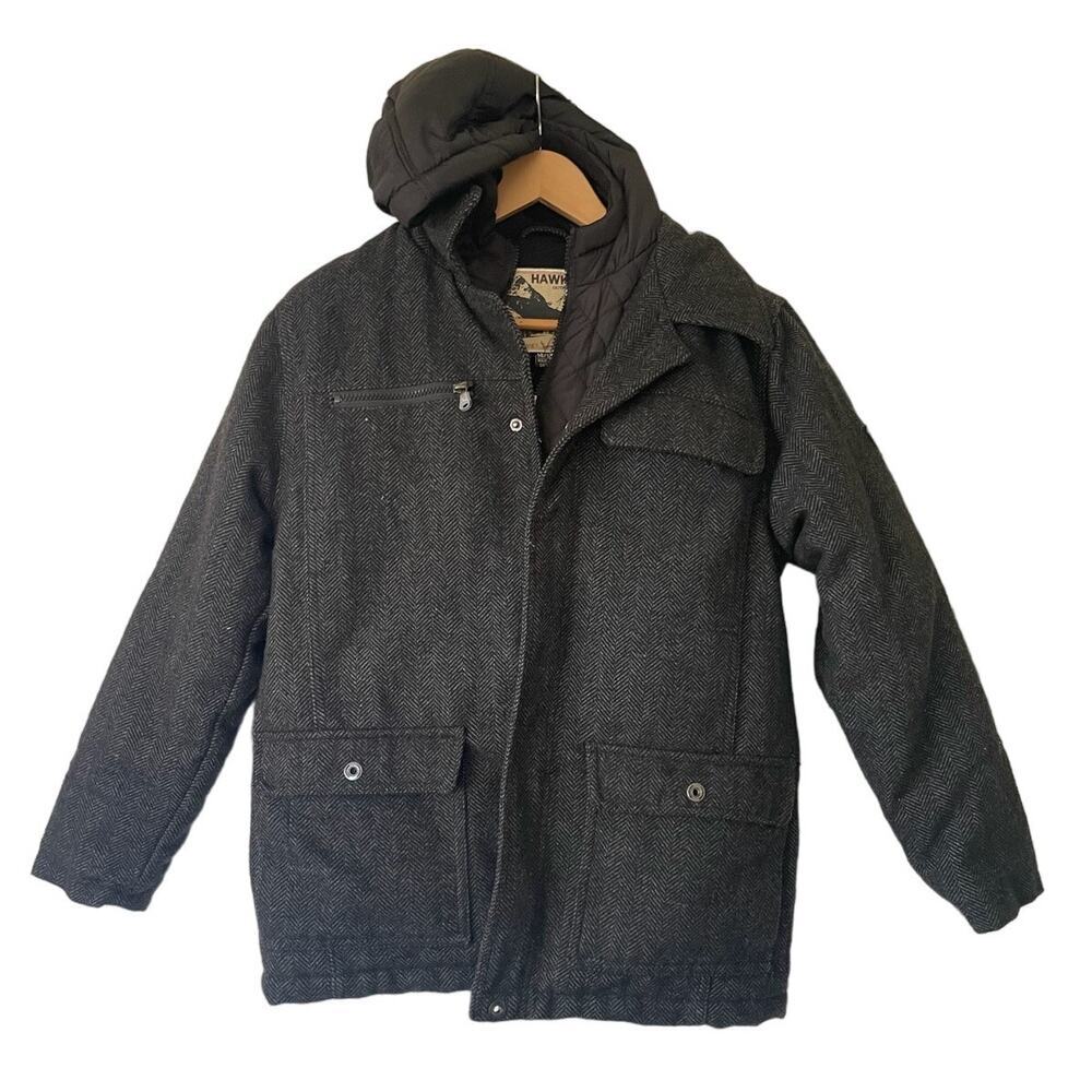 Hawke & Co Gray and Black Hooded Tweed Heavy Wool Blend Coat, Size 14/16